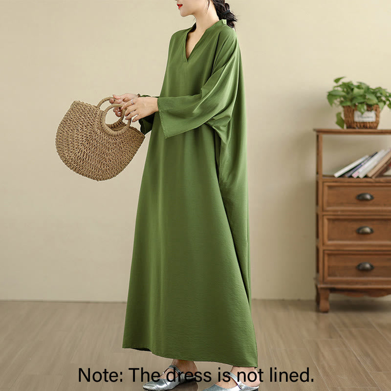 Buddha Stones Retro Casual Solid Color Long Sleeve Cotton Linen Maxi Dress With Pockets - image 1