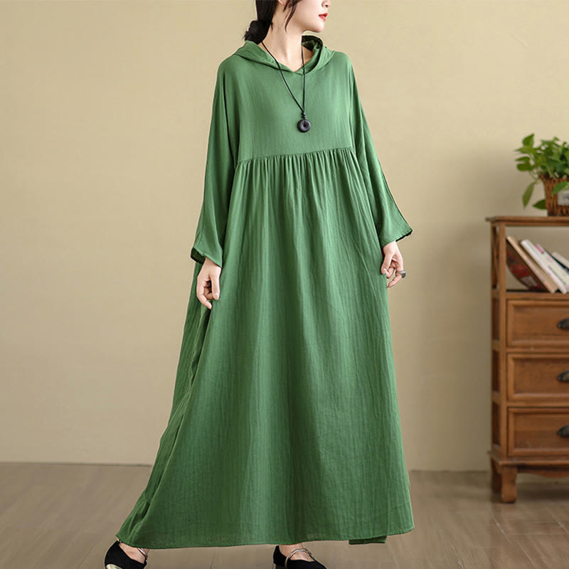 Buddha Stones Fall Hoodie Design Long Sleeve Cotton Linen Midi Dress With Pockets - image 25