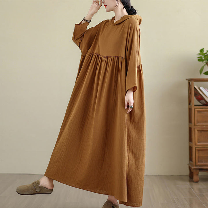 Buddha Stones Fall Hoodie Design Long Sleeve Cotton Linen Midi Dress With Pockets - image 4