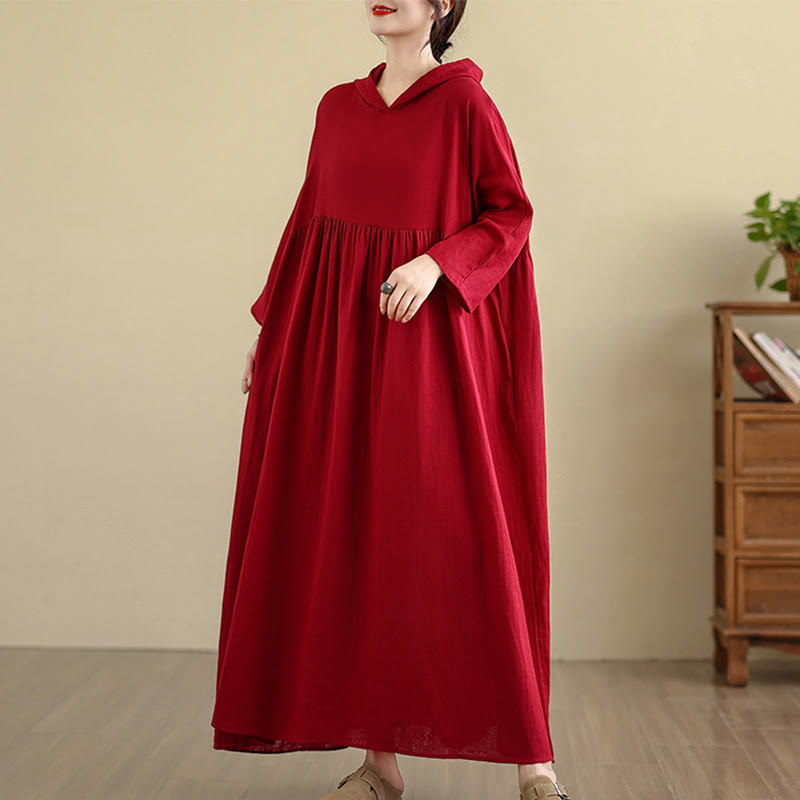 Buddha Stones Fall Hoodie Design Long Sleeve Cotton Linen Midi Dress With Pockets - image 16