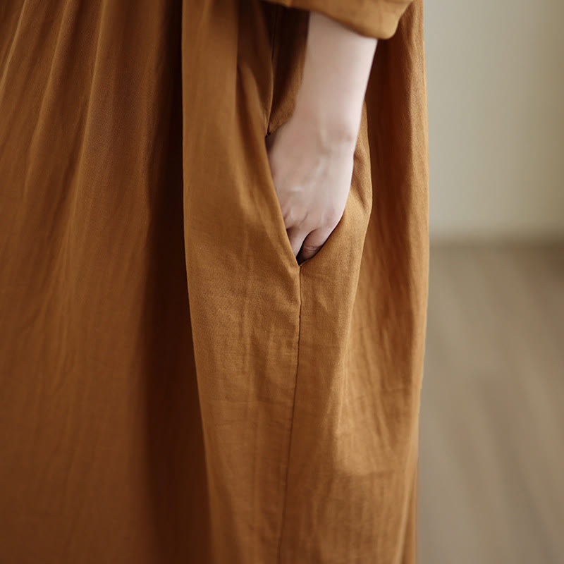 Buddha Stones Fall Hoodie Design Long Sleeve Cotton Linen Midi Dress With Pockets - image 10