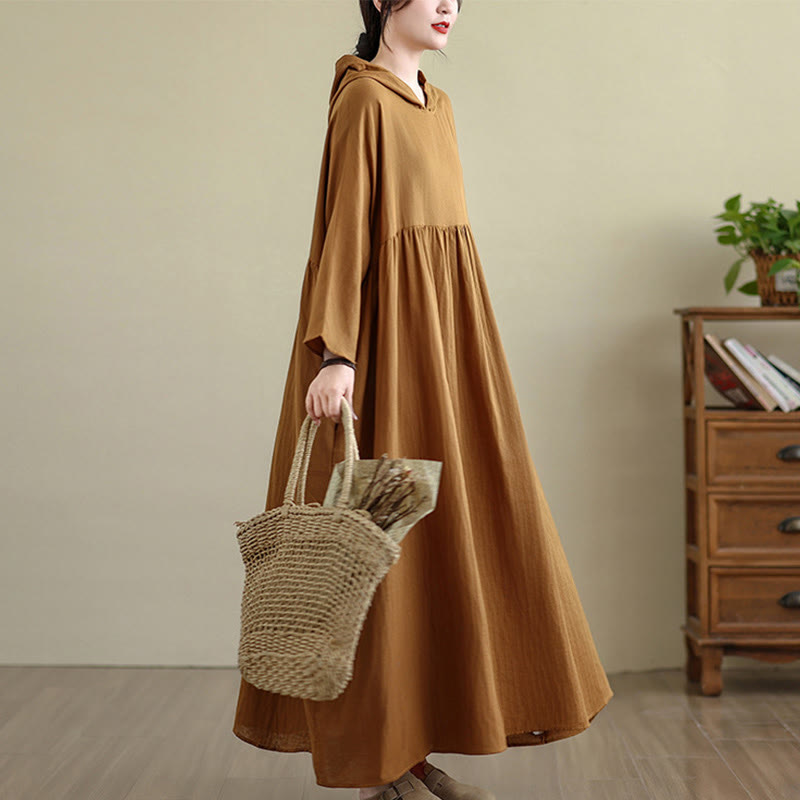 Buddha Stones Fall Hoodie Design Long Sleeve Cotton Linen Midi Dress With Pockets - image 6