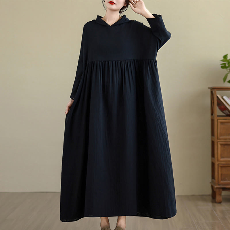 Buddha Stones Fall Hoodie Design Long Sleeve Cotton Linen Midi Dress With Pockets - Black - US4-8/10，UK/AU8-12/14，EU36-40/42(F) - image 12
