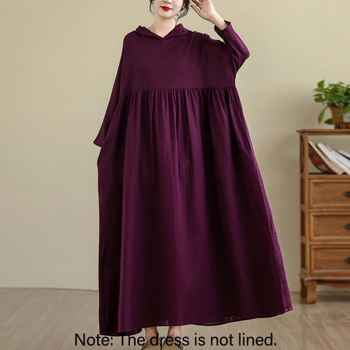 Buddha Stones Fall Hoodie Design Long Sleeve Cotton Linen Midi Dress With Pockets - image 19
