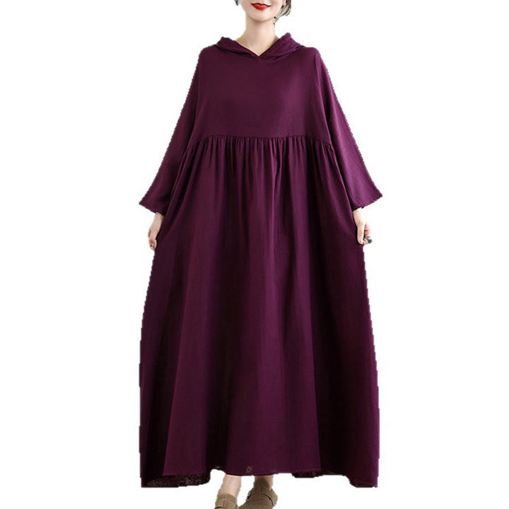 Buddha Stones Fall Hoodie Design Long Sleeve Cotton Linen Midi Dress With Pockets - image 20