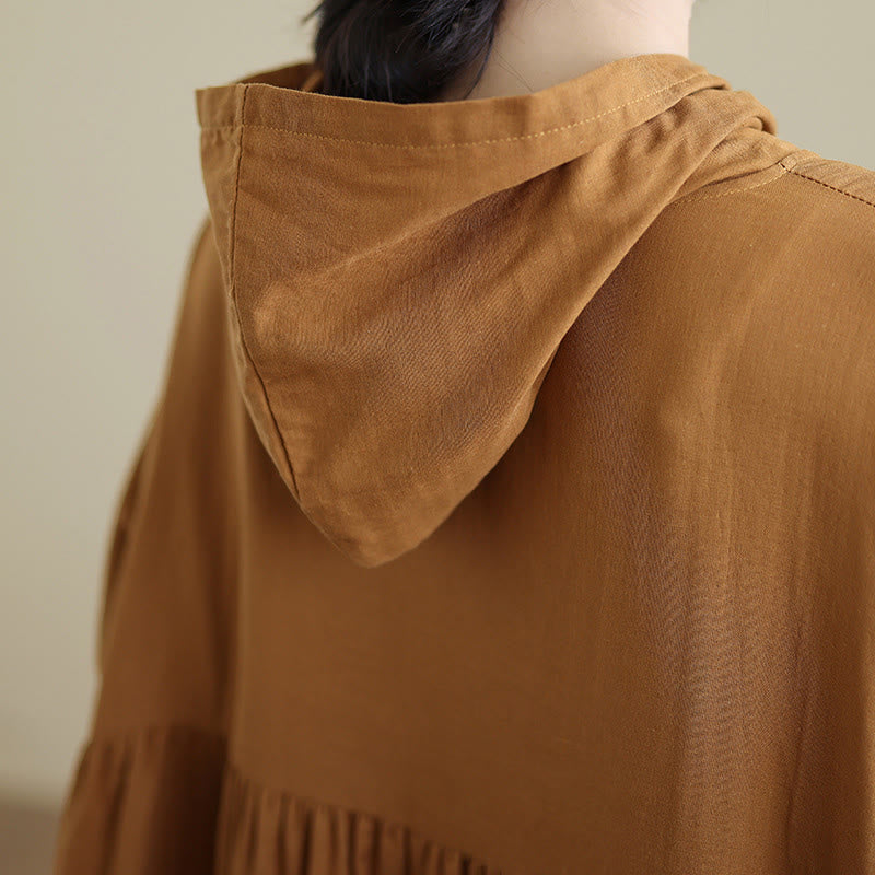 Buddha Stones Fall Hoodie Design Long Sleeve Cotton Linen Midi Dress With Pockets - image 8
