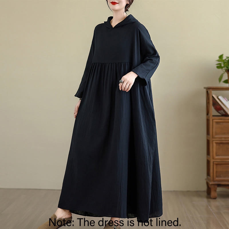 Buddha Stones Fall Hoodie Design Long Sleeve Cotton Linen Midi Dress With Pockets - image 12
