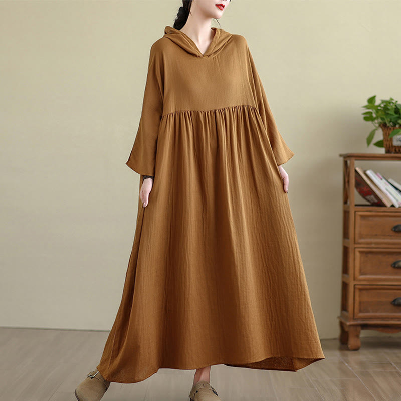 Buddha Stones Fall Hoodie Design Long Sleeve Cotton Linen Midi Dress With Pockets - DarkGoldenrod - US4-8/10，UK/AU8-12/14，EU36-40/42(F) - image 1