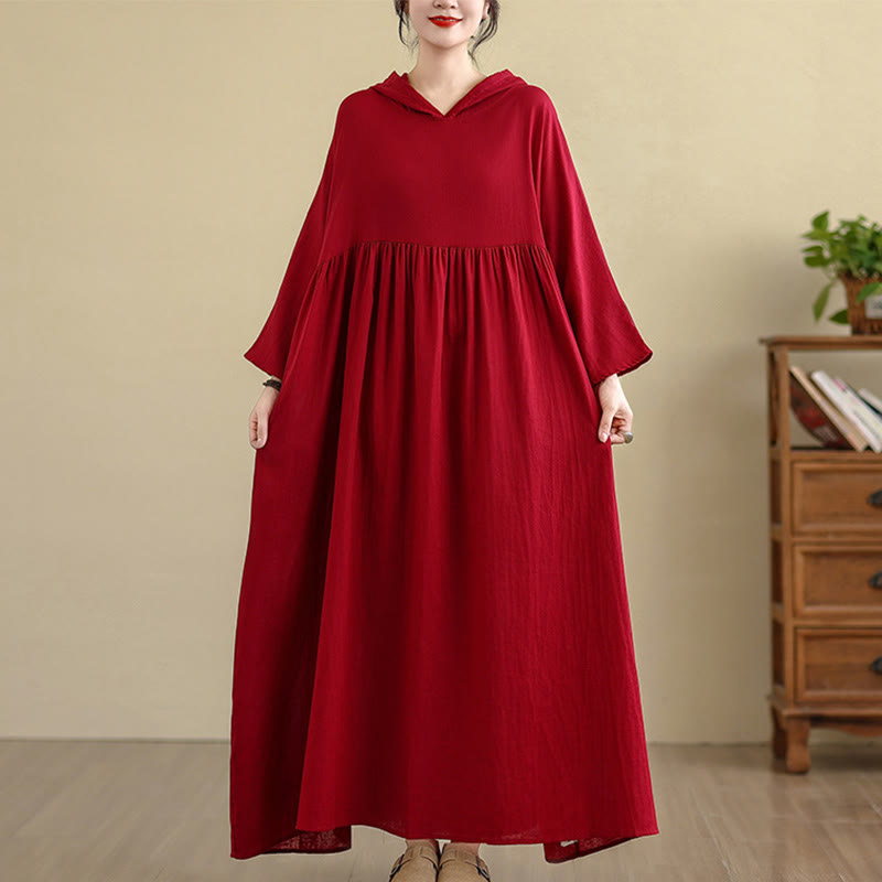 Buddha Stones Fall Hoodie Design Long Sleeve Cotton Linen Midi Dress With Pockets - Red - US4-8/10，UK/AU8-12/14，EU36-40/42(F) - image 15