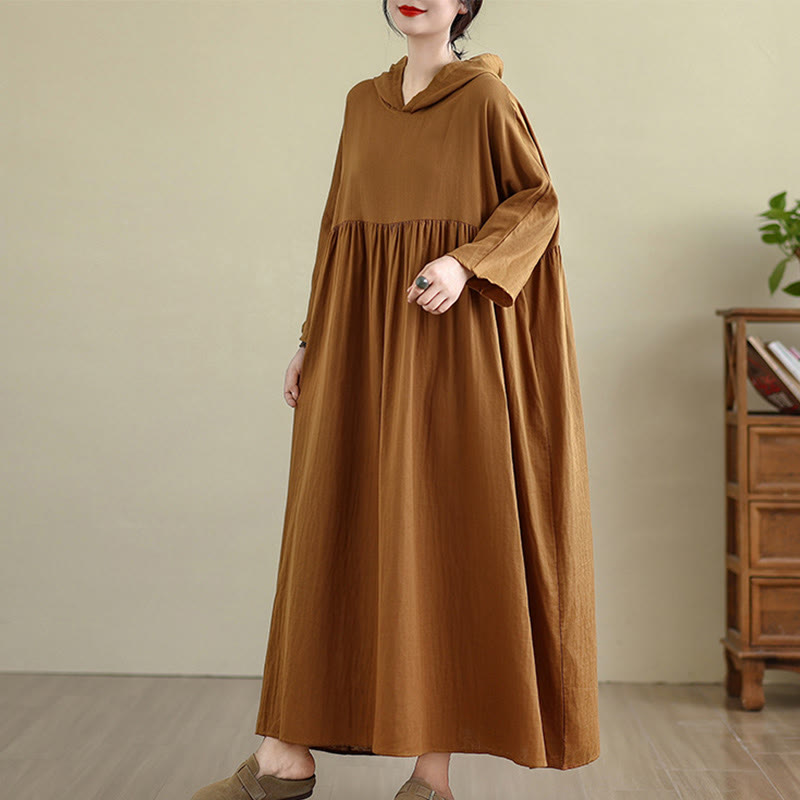 Buddha Stones Fall Hoodie Design Long Sleeve Cotton Linen Midi Dress With Pockets - image 5