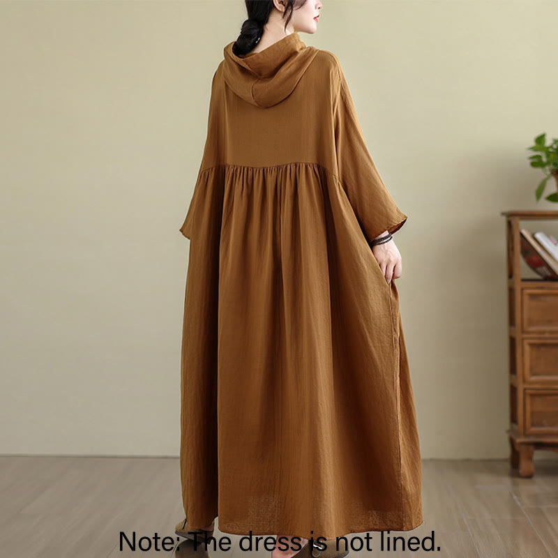 Buddha Stones Fall Hoodie Design Long Sleeve Cotton Linen Midi Dress With Pockets - image 1