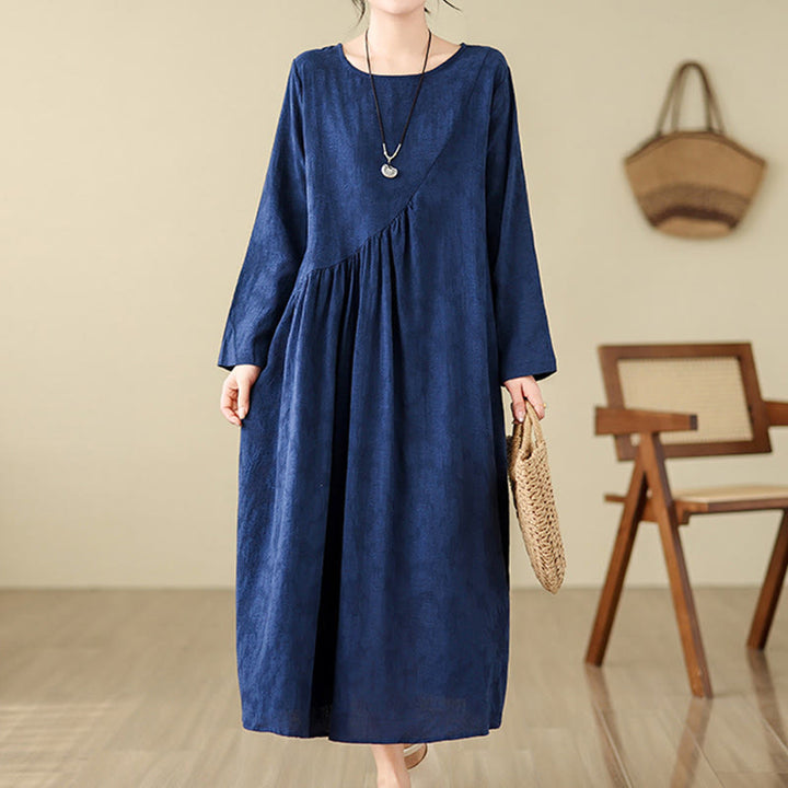 Buddha Stones Plain Jacquard Flower Irregular Design Cotton Linen Midi Dress With Pockets - image 3