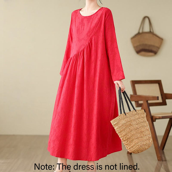 Buddha Stones Plain Jacquard Flower Irregular Design Cotton Linen Midi Dress With Pockets - image 8