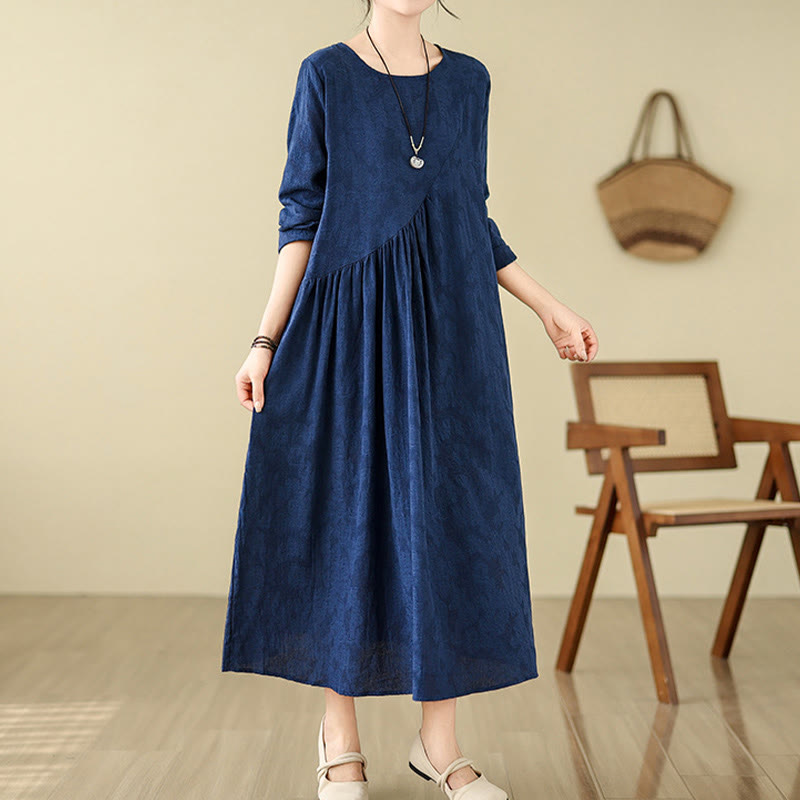 Buddha Stones Plain Jacquard Flower Irregular Design Cotton Linen Midi Dress With Pockets - MidnightBlue - US8-10，UK/AU12-14，EU40-42 (2XL) - image 1