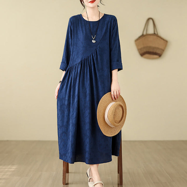 Buddha Stones Plain Jacquard Flower Irregular Long Sleeve Cotton Linen Midi Dress With Pockets - image 4