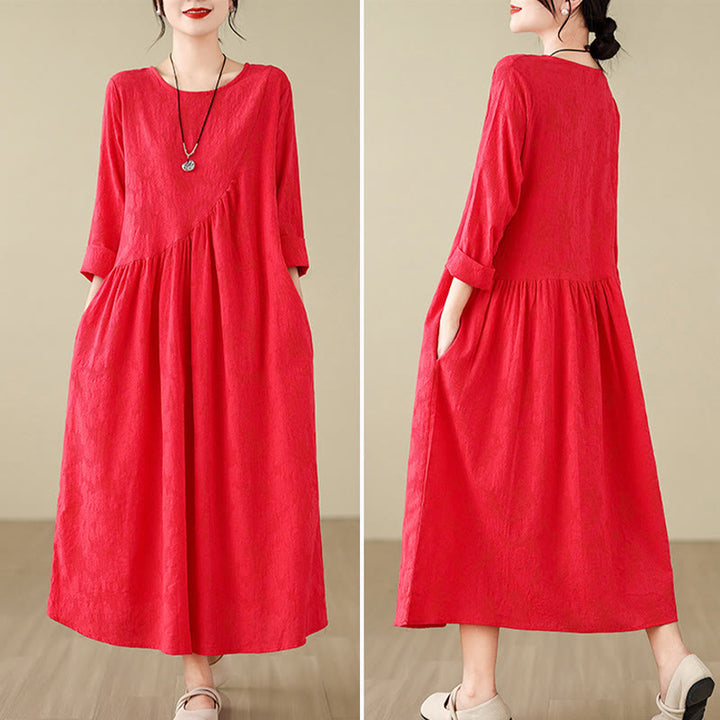 Buddha Stones Plain Jacquard Flower Irregular Long Sleeve Cotton Linen Midi Dress With Pockets - image 15