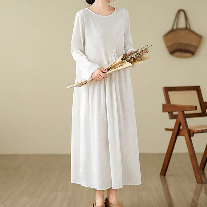 Buddha Stones Plain Jacquard Flower Irregular Long Sleeve Cotton Linen Midi Dress With Pockets - image 20