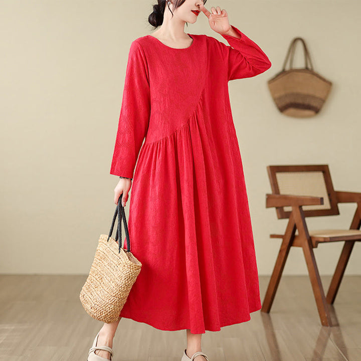 Buddha Stones Plain Jacquard Flower Irregular Design Cotton Linen Midi Dress With Pockets - Red - US8-10，UK/AU12-14，EU40-42 (2XL) - image 7