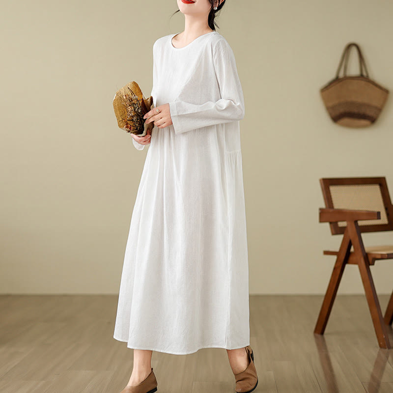 Buddha Stones Plain Jacquard Flower Irregular Long Sleeve Cotton Linen Midi Dress With Pockets - image 19