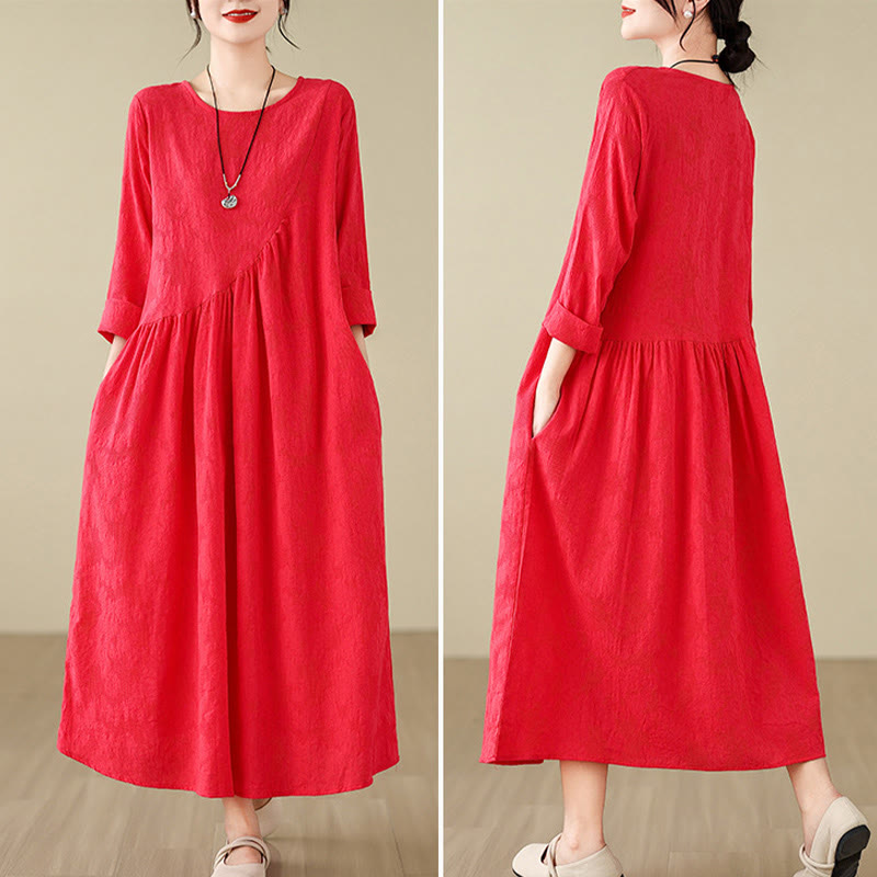 Buddha Stones Plain Jacquard Flower Irregular Long Sleeve Cotton Linen Midi Dress With Pockets - image 15