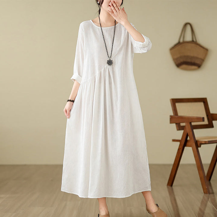 Buddha Stones Plain Jacquard Flower Irregular Long Sleeve Cotton Linen Midi Dress With Pockets - White - US8-10，UK/AU12-14，EU40-42 (2XL) - image 17