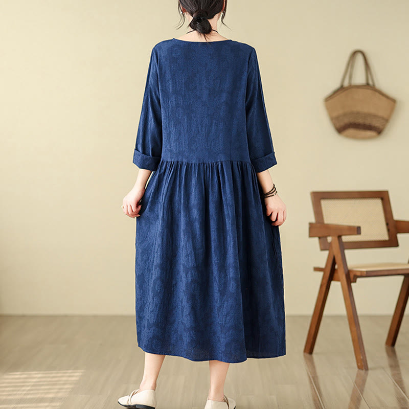 Buddha Stones Plain Jacquard Flower Irregular Design Cotton Linen Midi Dress With Pockets - image 4