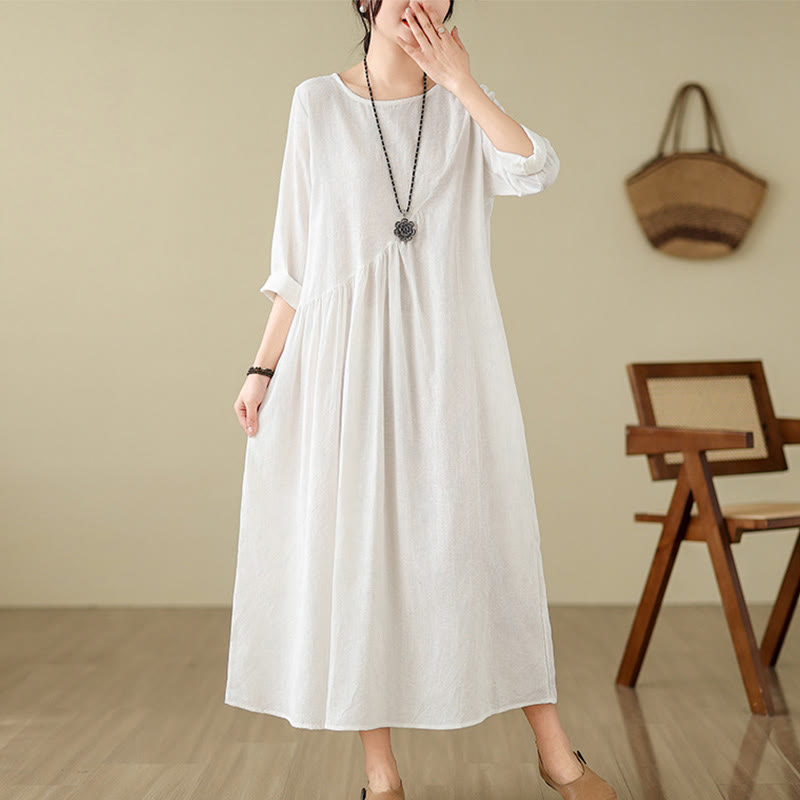 Buddha Stones Plain Jacquard Flower Irregular Long Sleeve Cotton Linen Midi Dress With Pockets - White - US8-10，UK/AU12-14，EU40-42 (2XL) - image 17