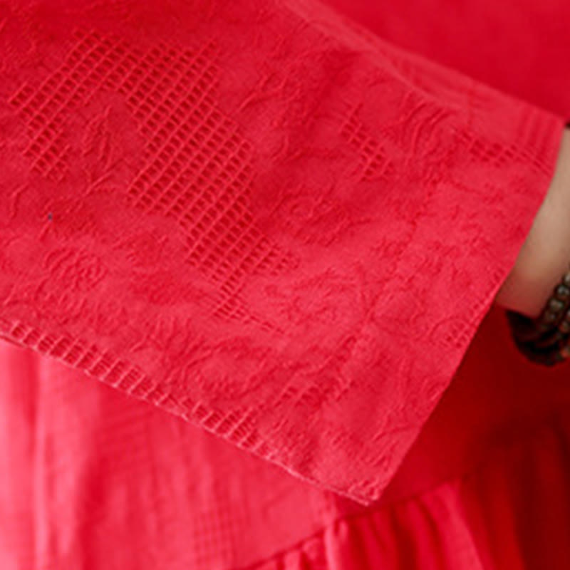 Buddha Stones Plain Jacquard Flower Irregular Long Sleeve Cotton Linen Midi Dress With Pockets - image 13