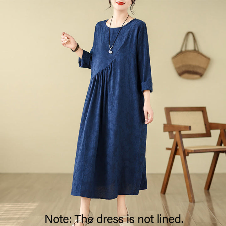 Buddha Stones Plain Jacquard Flower Irregular Long Sleeve Cotton Linen Midi Dress With Pockets - image 1