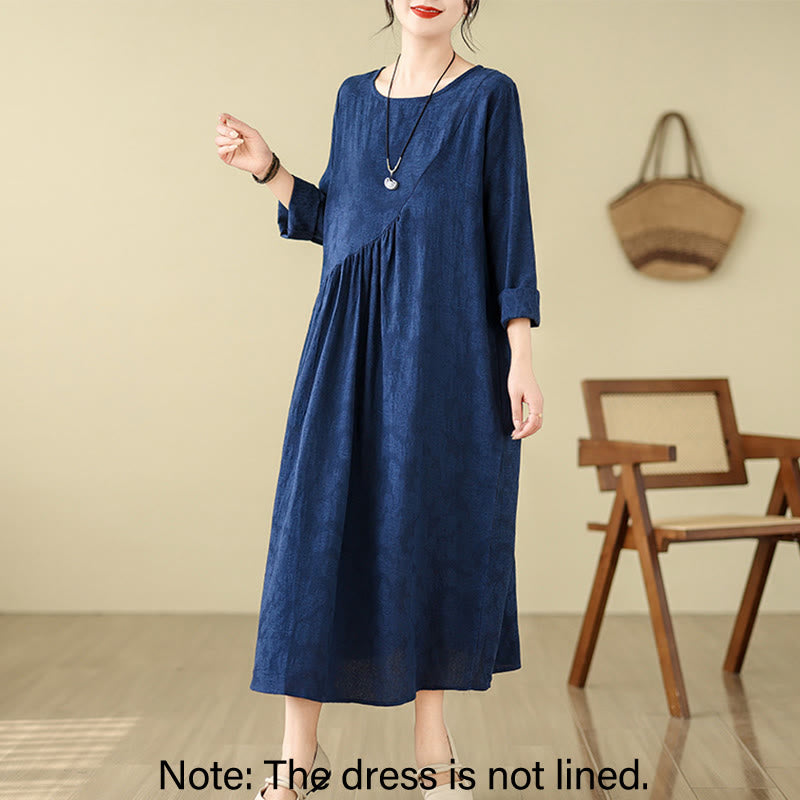 Buddha Stones Plain Jacquard Flower Irregular Design Cotton Linen Midi Dress With Pockets - image 2