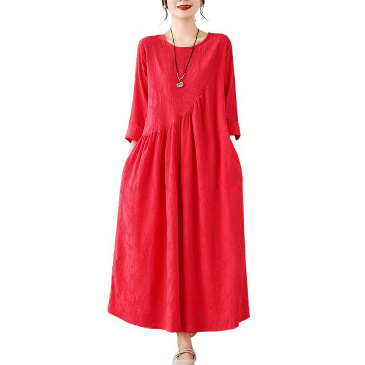Buddha Stones Plain Jacquard Flower Irregular Design Cotton Linen Midi Dress With Pockets - image 17