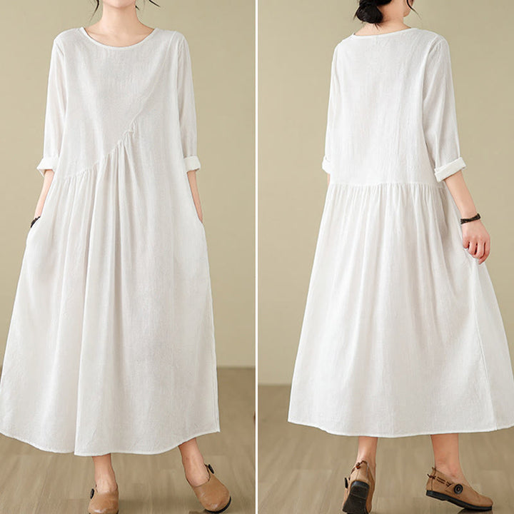 Buddha Stones Plain Jacquard Flower Irregular Design Cotton Linen Midi Dress With Pockets - image 22