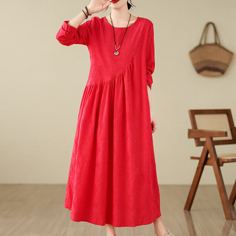 Buddha Stones Plain Jacquard Flower Irregular Design Cotton Linen Midi Dress With Pockets - image 9
