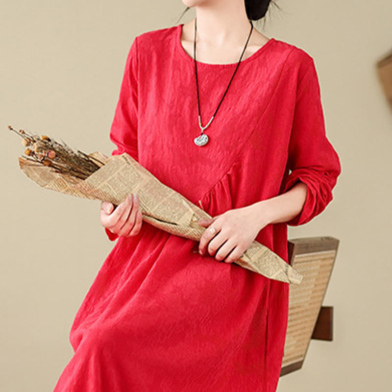 Buddha Stones Plain Jacquard Flower Irregular Design Cotton Linen Midi Dress With Pockets - image 10