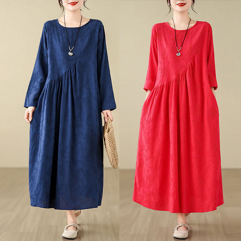 Buddha Stones Plain Jacquard Flower Irregular Design Cotton Linen Midi Dress With Pockets - image 23