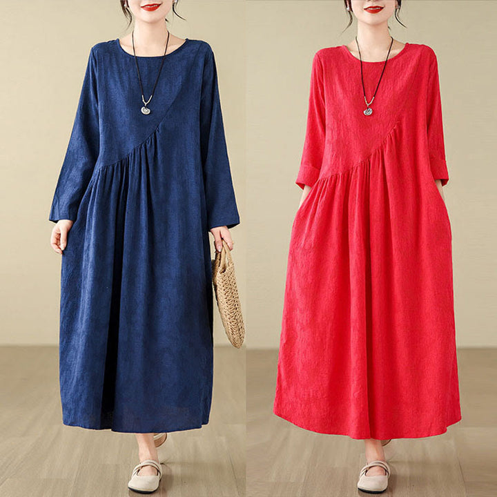 Buddha Stones Plain Jacquard Flower Irregular Design Cotton Linen Midi Dress With Pockets - image 23