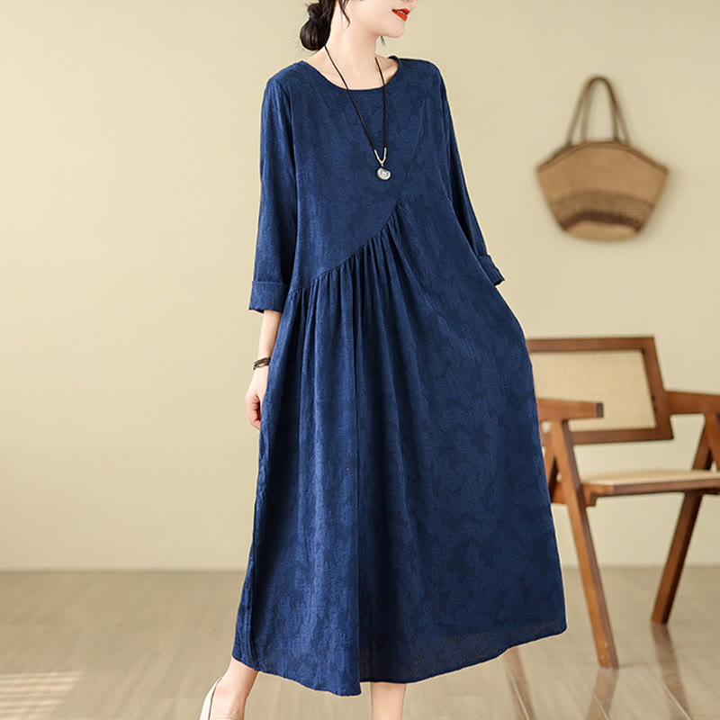 Buddha Stones Plain Jacquard Flower Irregular Design Cotton Linen Midi Dress With Pockets - image 6