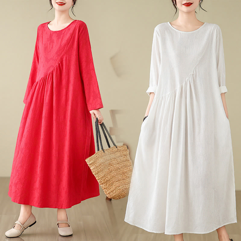 Buddha Stones Plain Jacquard Flower Irregular Design Cotton Linen Midi Dress With Pockets - image 24