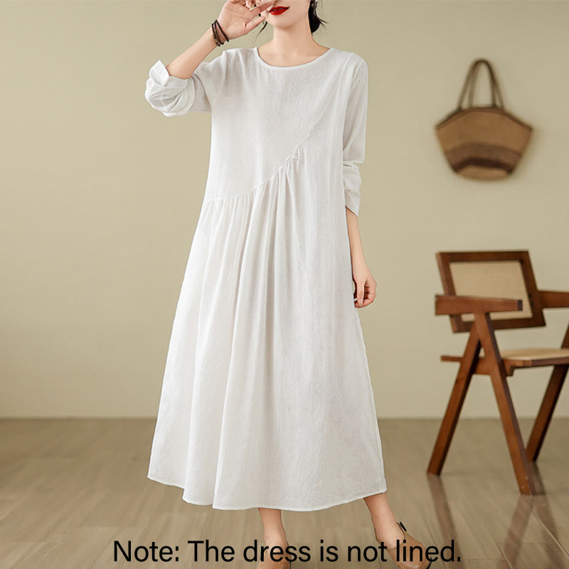 Buddha Stones Plain Jacquard Flower Irregular Long Sleeve Cotton Linen Midi Dress With Pockets - image 18