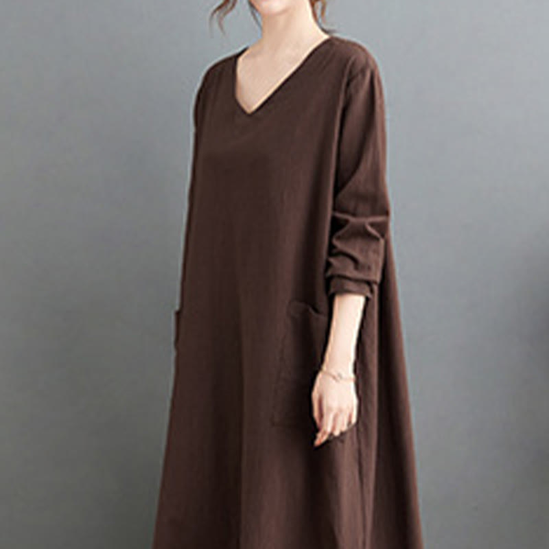 Buddha Stones Fall Casual Simple Design Long Sleeve Cotton Linen Maxi Dress With Pockets - image 4