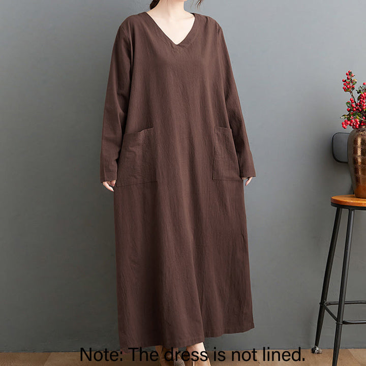 Buddha Stones Fall Casual Simple Design Long Sleeve Cotton Linen Maxi Dress With Pockets - image 1