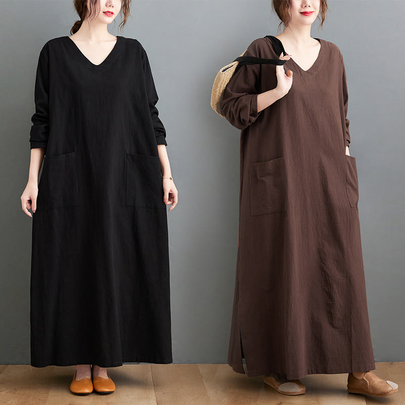 Buddha Stones Fall Casual Simple Design Long Sleeve Cotton Linen Maxi Dress With Pockets - image 17