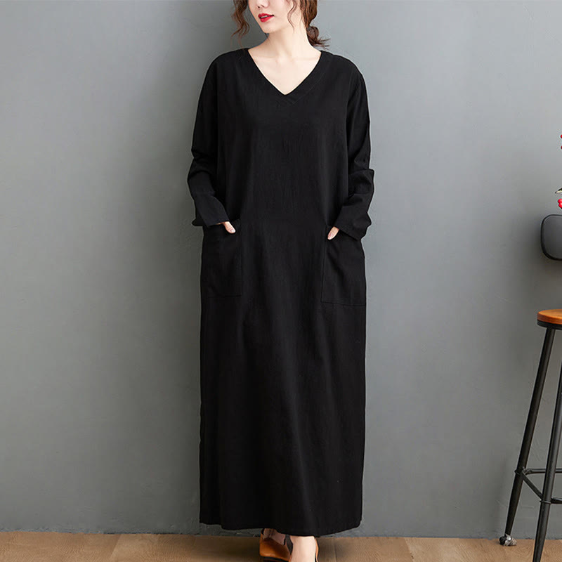 Buddha Stones Fall Casual Simple Design Long Sleeve Cotton Linen Maxi Dress With Pockets - Black - US4-8/10，UK/AU8-12/14，EU36-40/42(F) - image 5