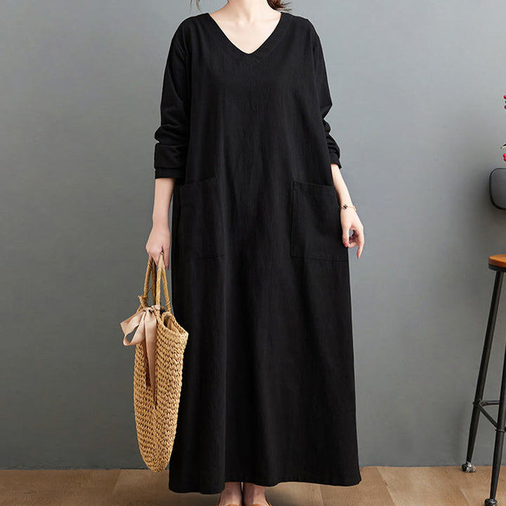 Buddha Stones Fall Casual Simple Design Long Sleeve Cotton Linen Maxi Dress With Pockets - image 8