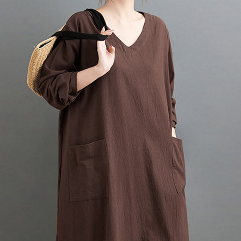Buddha Stones Fall Casual Simple Design Long Sleeve Cotton Linen Maxi Dress With Pockets - image 5