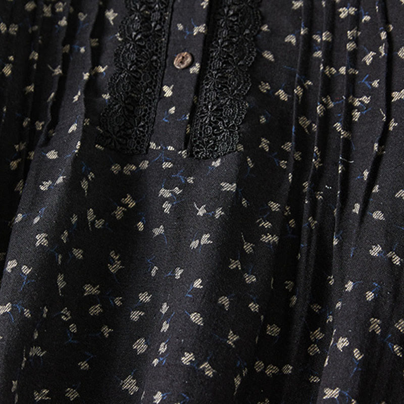 Buddha Stones Fall Printing Floral Buttons Lace Lapel Design Cotton Linen Midi Dress With Pockets - image 9
