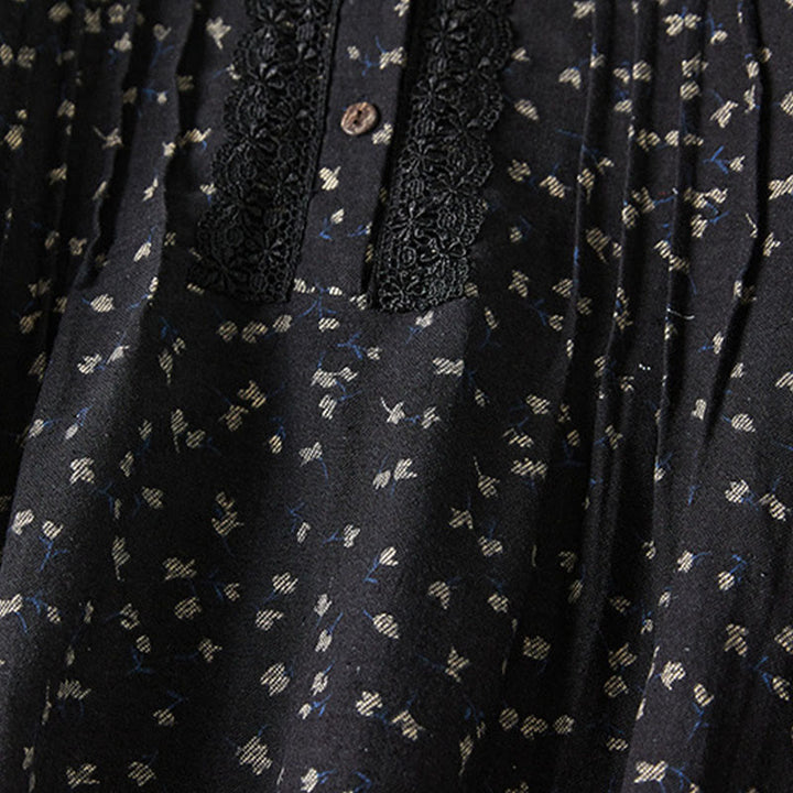Buddha Stones Fall Printing Floral Buttons Lace Lapel Design Cotton Linen Midi Dress With Pockets - image 9