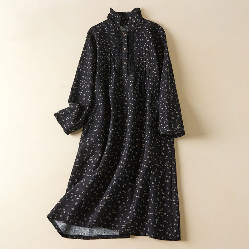 Buddha Stones Printing Buttons Lace Lapel Design Cotton Linen Long Sleeve Midi Dress With Pockets - Black - US8-10，UK/AU12-14，EU40-42 (2XL) - image 1