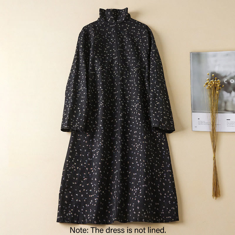 Buddha Stones Fall Printing Floral Buttons Lace Lapel Design Cotton Linen Midi Dress With Pockets - image 2