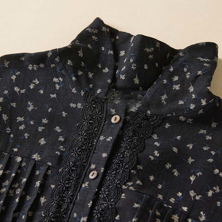 Buddha Stones Fall Printing Floral Buttons Lace Lapel Design Cotton Linen Midi Dress With Pockets - image 3